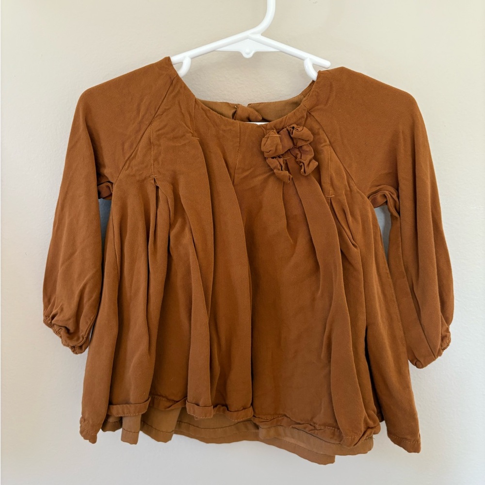 Tahari Brown Ruffled Puff Sleeve Blouse